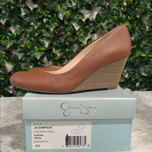 Jessica Simpson Almond-Tone Stacked Wedge Pumps